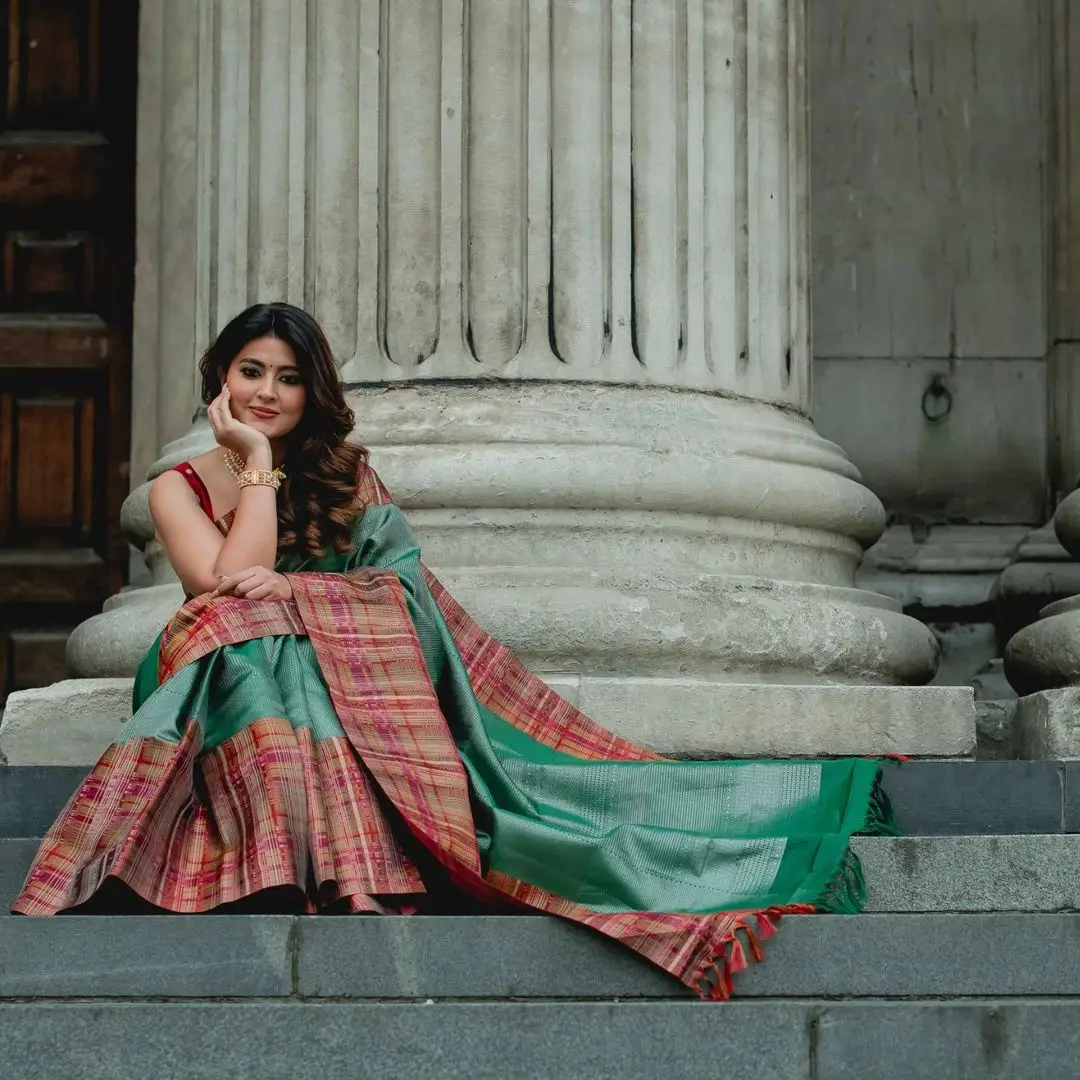 Sneha Wearing Beautiful Earrings Jewellery Green Saree Maroon Blouse